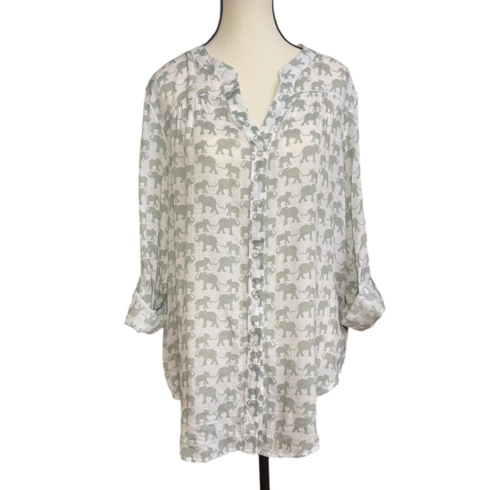 Zac & Rachel Elephant Print Sheer Tunic Blouse Roll Tab Sleeve Size M - Picture 2 of 10
